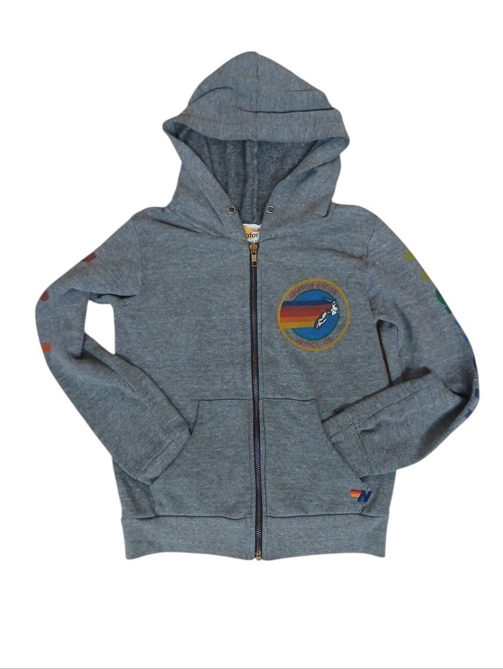 Aviator Nation Kids Heather Gray Zip Hoodie with Rainbow Patch Venice CA Size 10